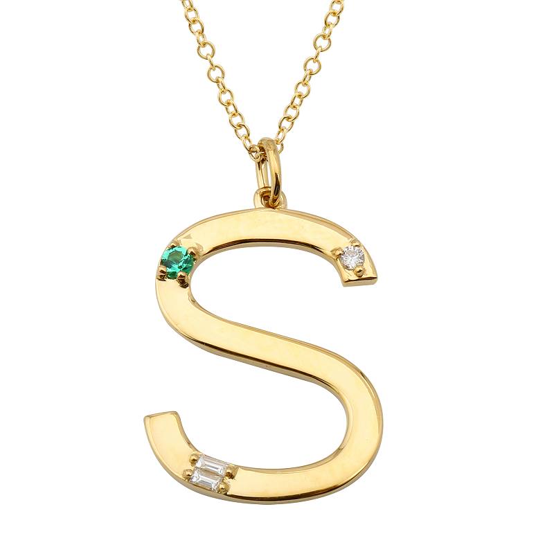 Emerald and Diamond Yellow Gold Initial Necklace