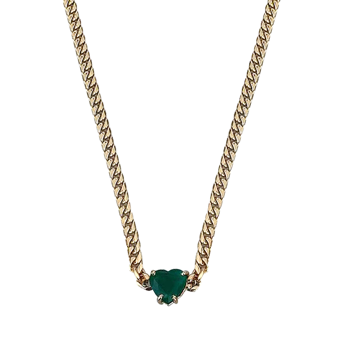 Solitaire Emerald Heart Cuban Chain Necklace